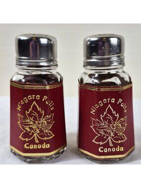 Vintage Niagara Falls Canada Salt & Pepper Shakers Glass Red Souvenir 3" Pair